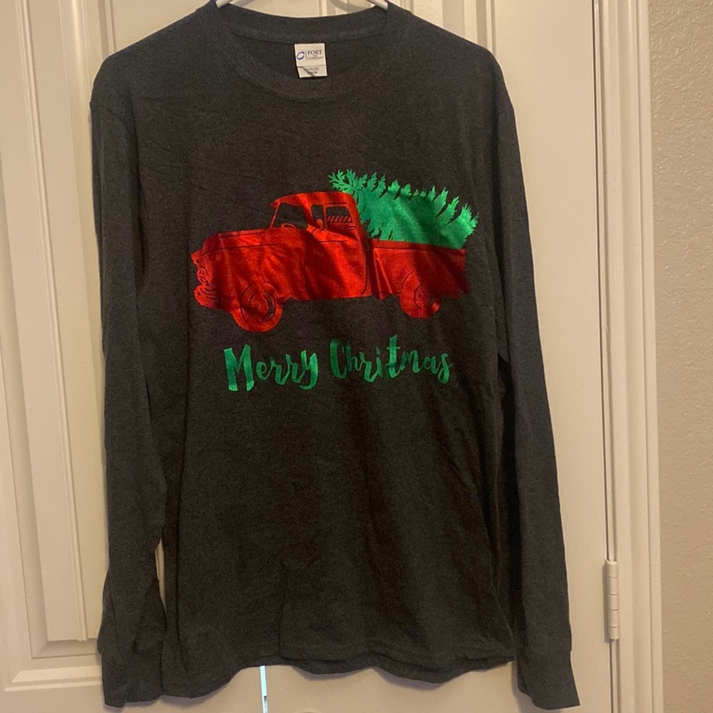 Unisex medium long sleeve gray t-shirt with green & red foil Christmas design